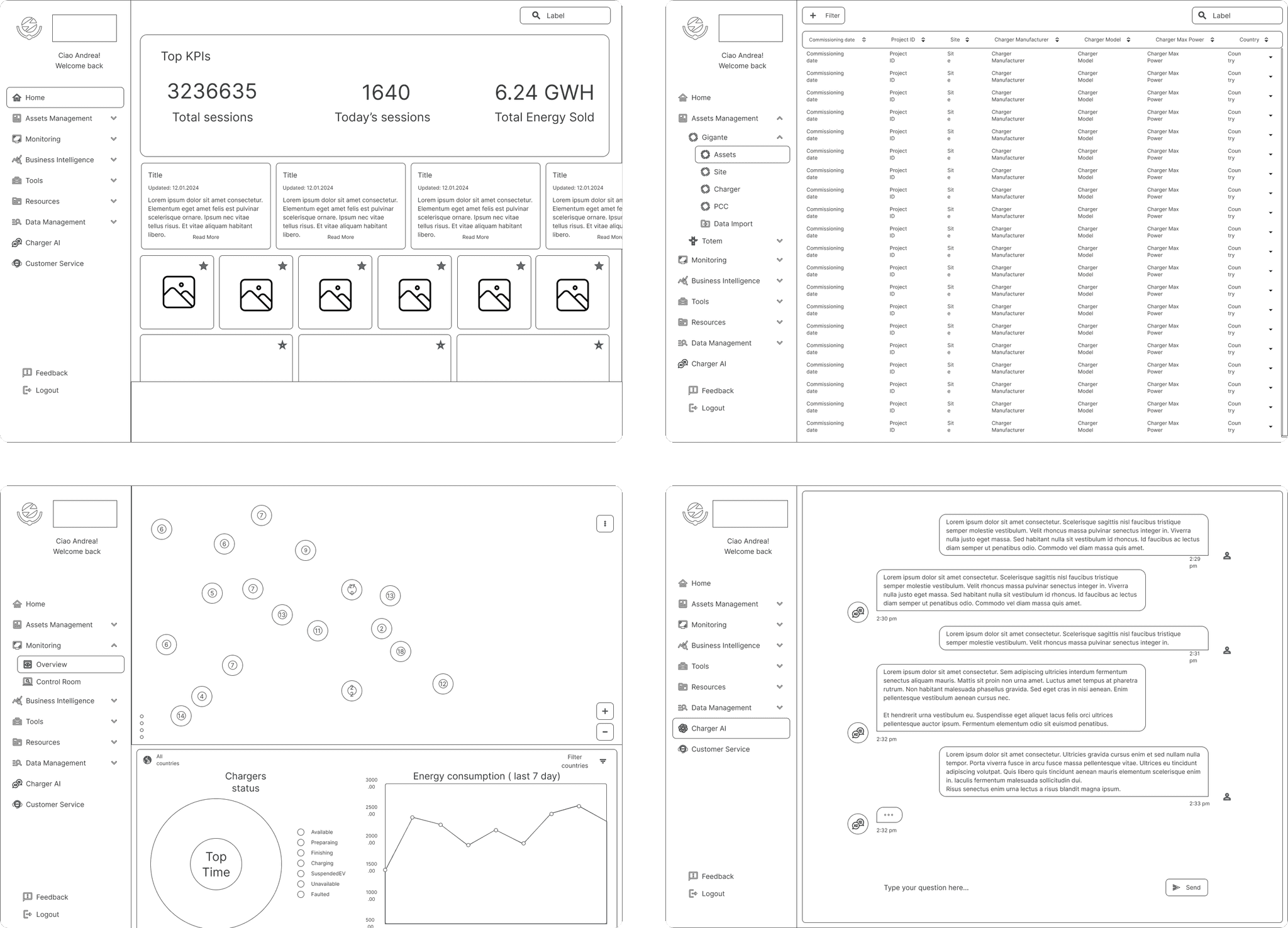 Wireframes of the main platform flows